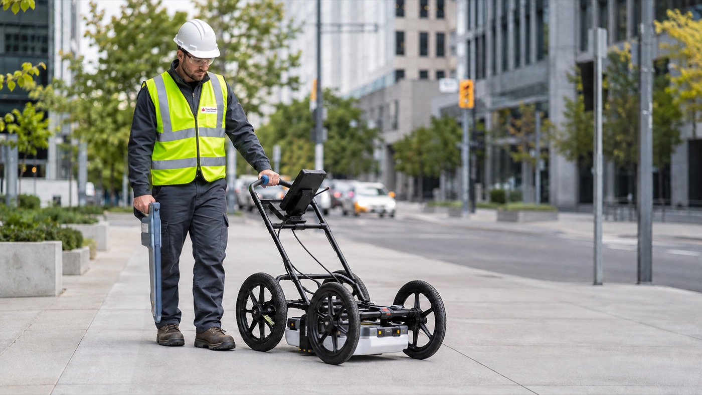 TransCanada Utilities field technician operating ground-penetrating radar equipment on a city sidewalk